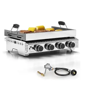 Portable Propane Griddle, 32,000BTU Tabletop Portable Propane Gas Grill with 4 Burners, Stainless Steel Flat Top Grill, Outdoor Cooking for Tailgating,Camping, RVs, BBQ, Patio, Silver