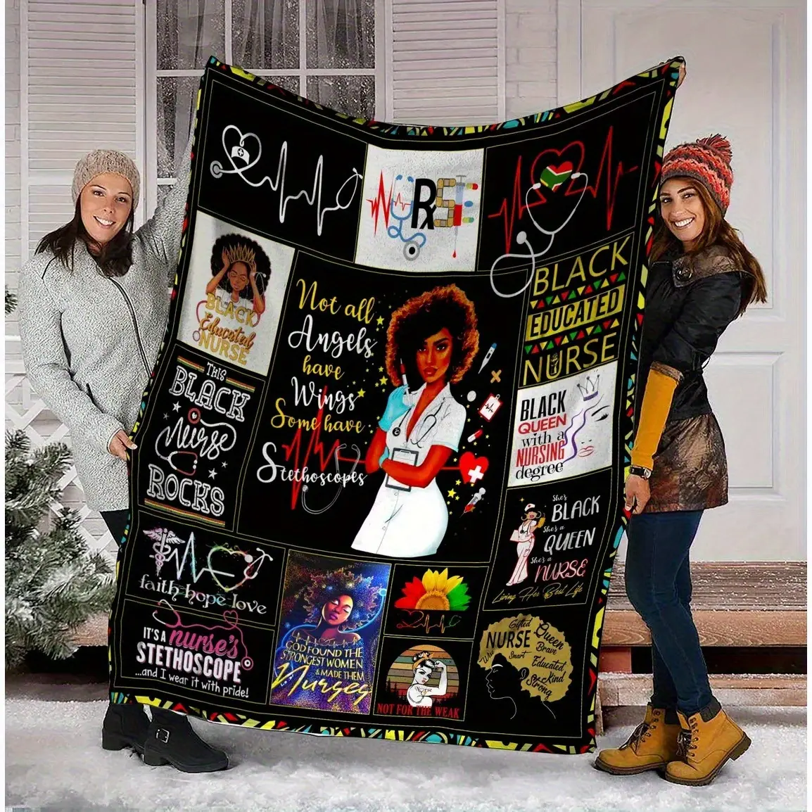 Reversible Nurse Theme Throw Blanket - Black Educated Nurse Life Design, Machine Washable Polyester Knit, Vibrant Digital Print with Medical Symbols & Inspirational Quotes, All-Season Comfort, Ideal for Nursing Appreciation Gifts