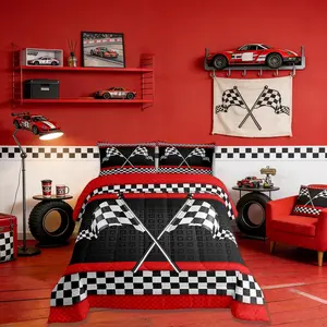 Race Car Themed Comforter Set,Black White Checkered Flag Print Bedding Set,Kids Boys Men,Red Stripes Geometric Grid Plaid Quilted Duvet Set