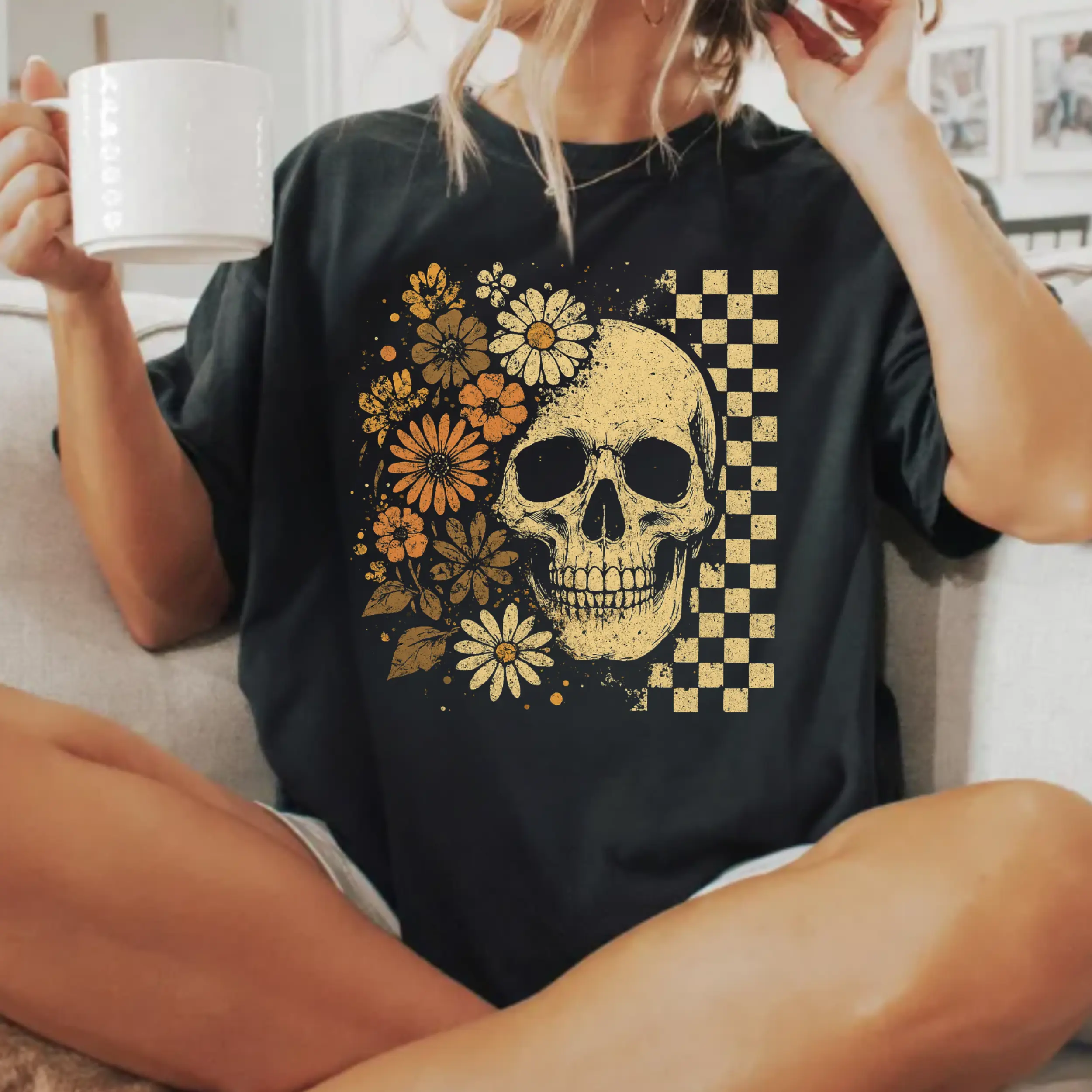 Menswear Round Neck Short-Sleeve T-Shirt - Floral Skull & Checkerboard Printed, Vintage Halloween Design, Casual Draped Fit, Dark Chocolate Streetwear Tee