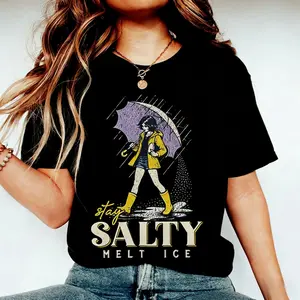 "Stay Salty Melt Ice" Retro Rainy Day Girl T-Shirt, Vintage Comfort Cotton Tee