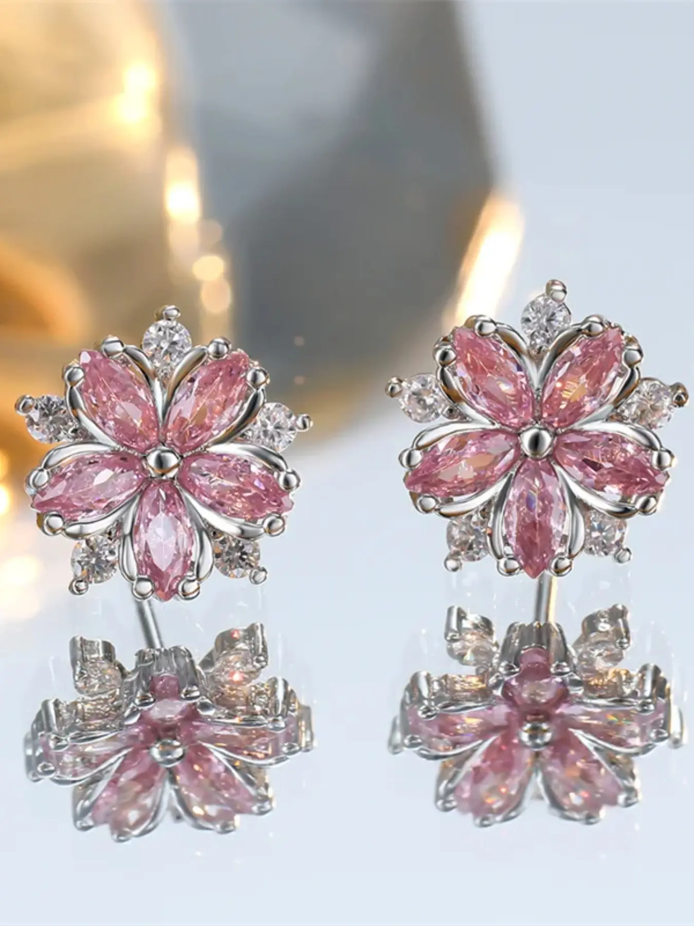 Luxury Female Pink Stone Flower Stud Earrings Silver Color Zircon Studs Wedding Jewelry For Women Fashionable Earrings