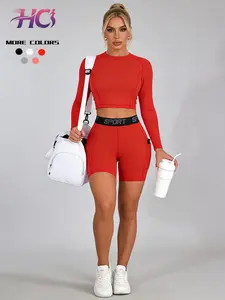 Women's Sporty Two-Piece Set, Casual Gym Wear, Athletic Fashion Activewear, Sports Style, Slim Fit Long Sleeve & Shorts, Fashionable Workout Wear, Ideal for Yoga and Fitness