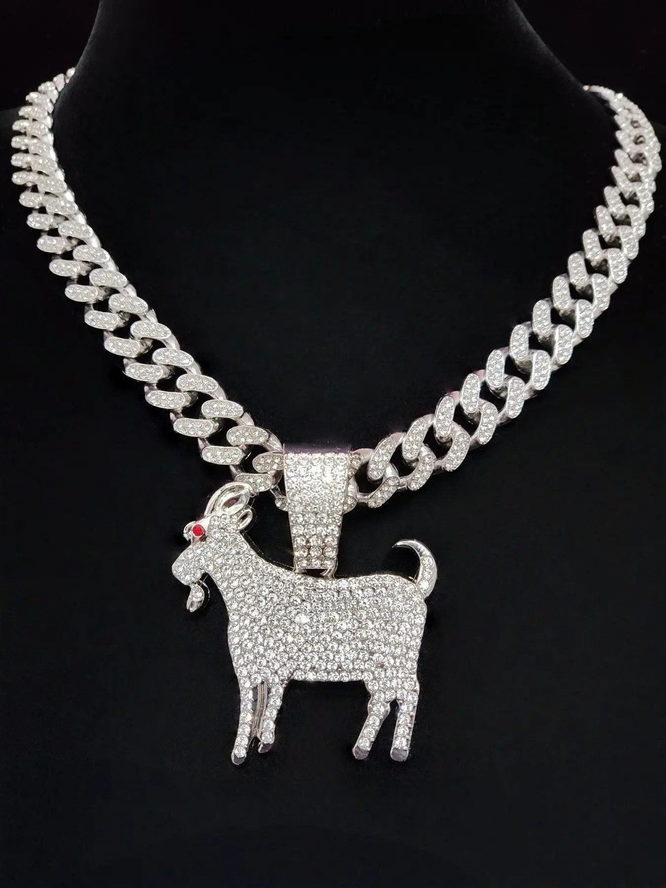 Men Hip Hop Street Style Goat Pendant Necklace, Zinc Alloy Cuban Chain, Water Drill Glass Cuban Link, Cuban Link Design, Hip Hop Punk Jewelry, Daily Wear, Valentine's Gift, Chunky Necklace, Chain necklaces