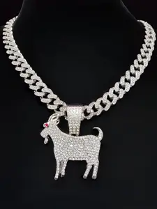 Men Hip Hop Street Style Goat Pendant Necklace, Zinc Alloy Cuban Chain, Exquisite Chain Jewelry, Water Drill Glass Cuban Link, Cuban Link Design, Hip Hop Punk Jewelry, Daily Wear, Valentine's Gift, Rhinestone Decorated Necklace, Chunky Necklace