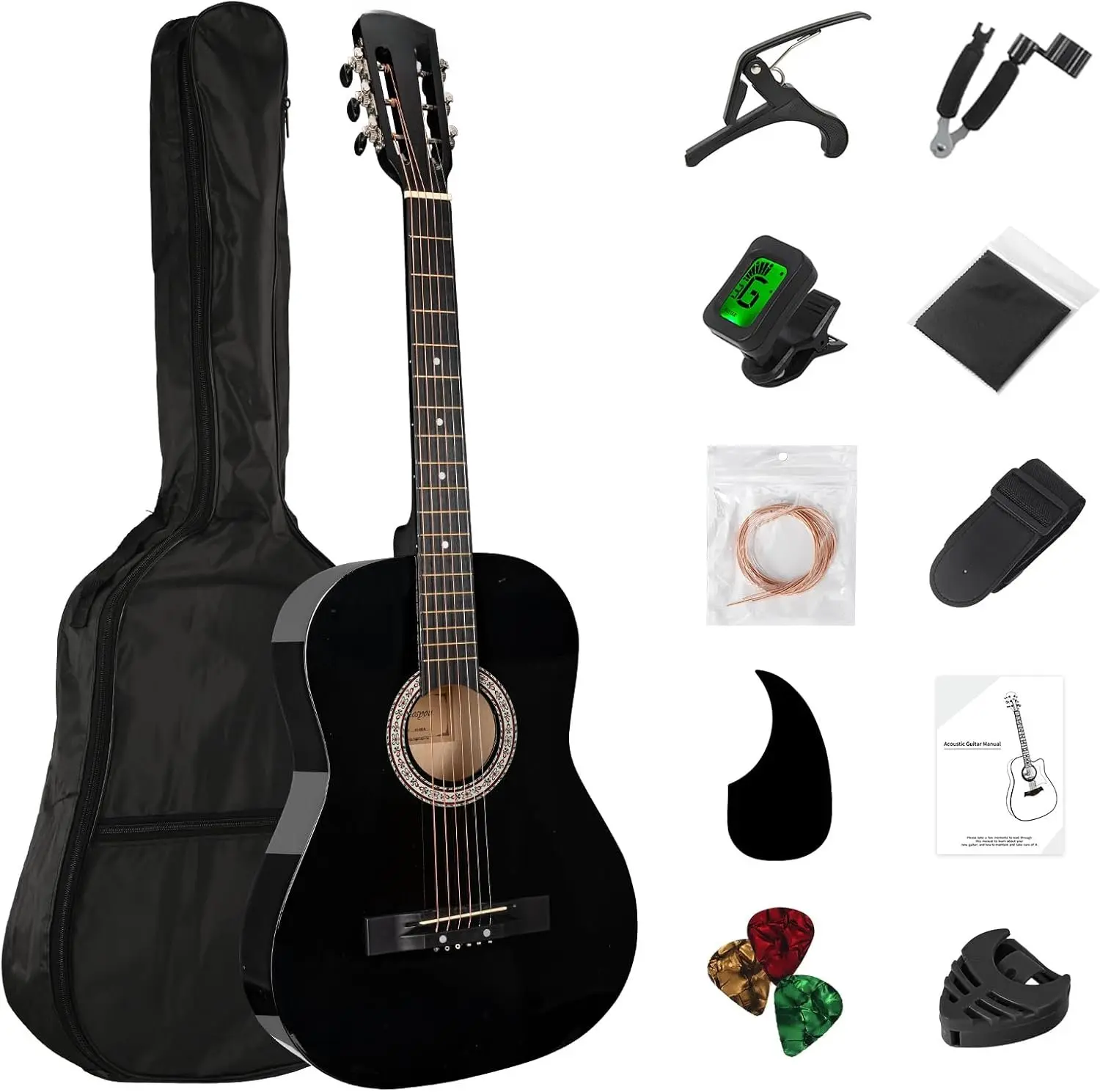 38in Beginner Guitar Acoustic Guitar Basic Starter Kit Tuner Capo Strings Winders Strap Picks Student  Adults Guitar Pickguard with Gig Bag