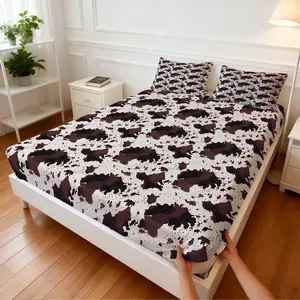 3Pcs American Cow Print Fitted Sheet Set, Printed Bedding Set, Retro Ranch Style Design, Non-slip Fit Skin-friendly Breathable, Ideal for Summer Western-style Bedroom Renovation