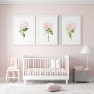 Set of 3, Unframed, Room Decor, Nursery Wall Art, Pink Hydrangea, Pink Floral Art, Minimalist Wall Decor