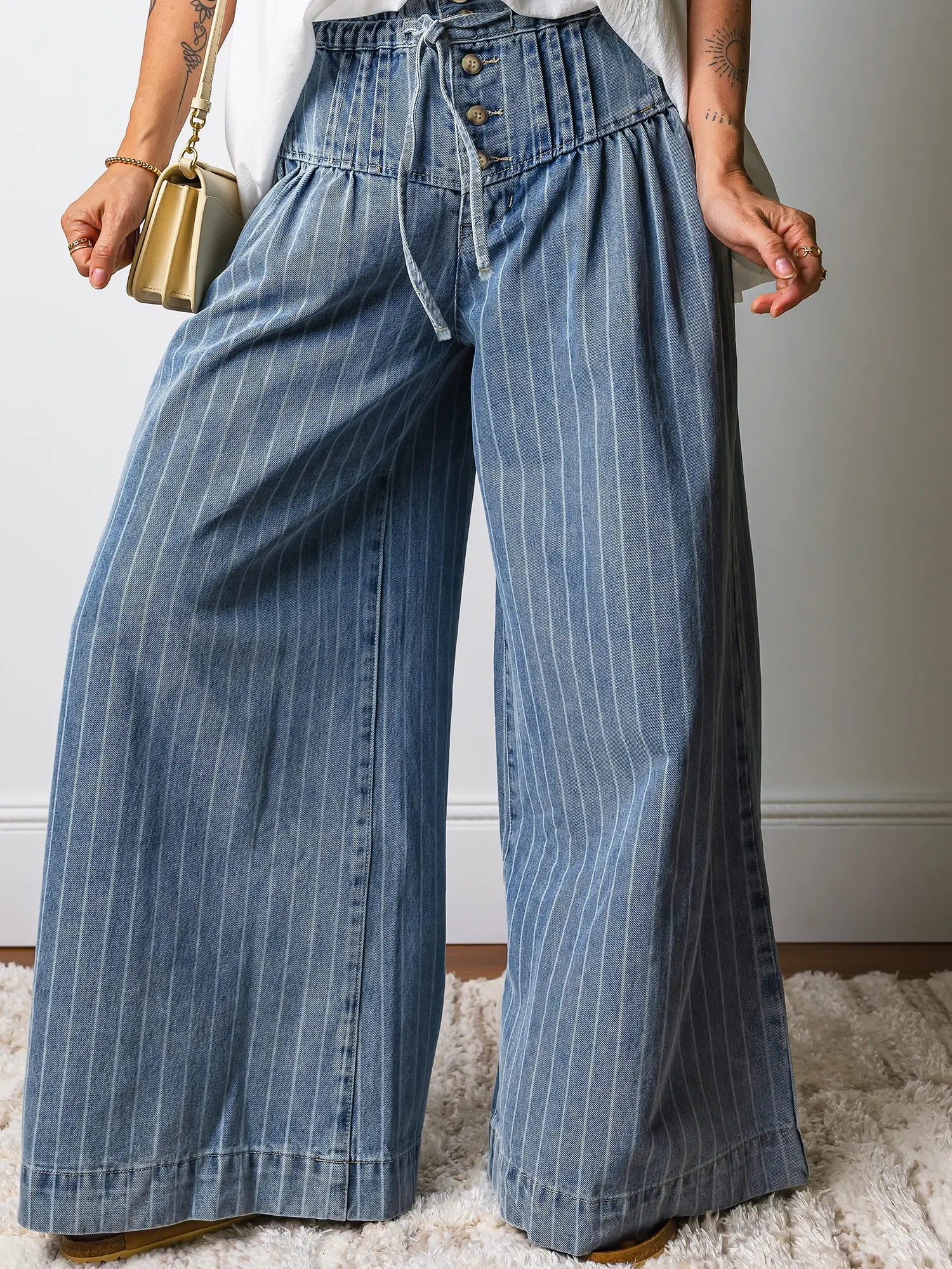 Women's Striped Denim Pants, Casual Wide Leg Style with a Pleated Paperbag Waist and Drawstring Tie, Bottom, High Waist, Jeans, Baggy, Lady, Simple Fits, 90S Look, Streetwear, Basic, Loose, All Season, Denim Fabric, Paperbag Hold, Jeans For Women, Baggy W