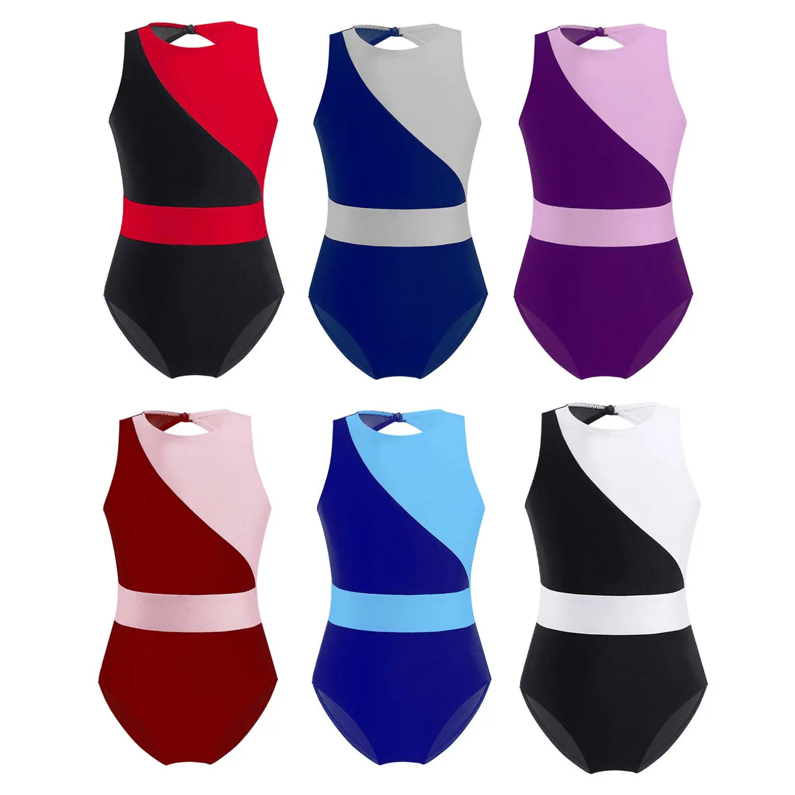 easyforever Kids Girls Sleeveless Gymnastic Leotard Hollow Back Contrast Color Athletic Bodysuit Ballet Dance Dancewear