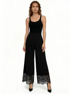 Gentle Commuter High Waist Draped Wide Leg Pants with Lace Hem Slim Fit Elegant Versatile Black Trousers