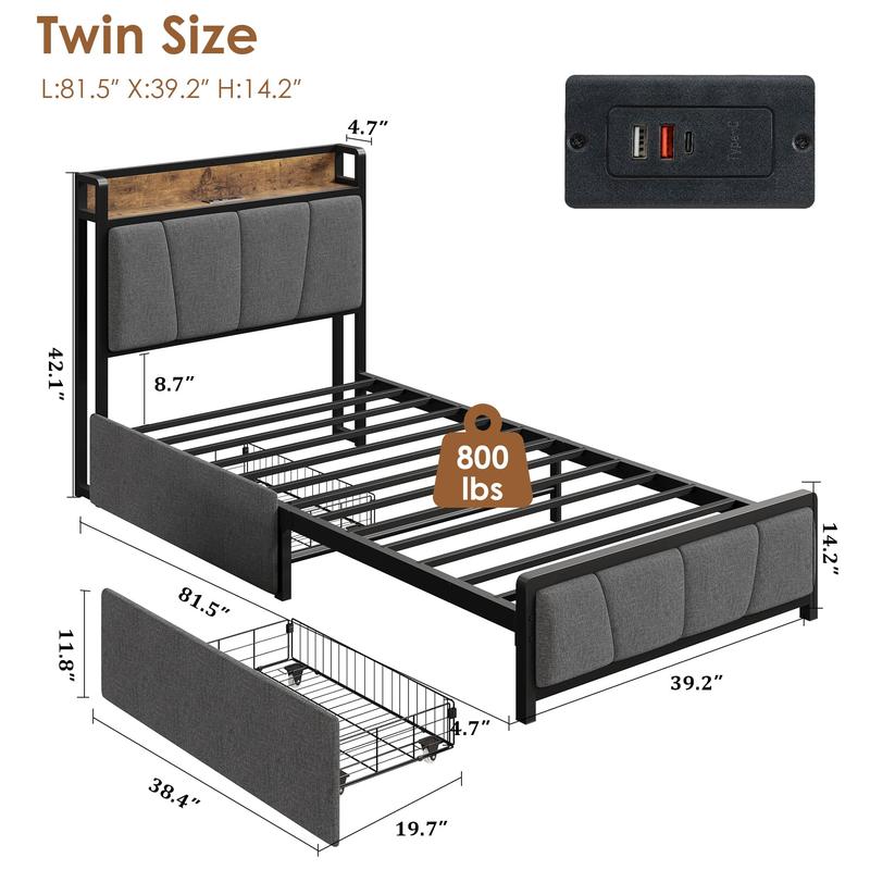 Twin Size Bed Frame with 2 Storage Drawers and Charging Station, Rustic Linen Upholstered Platform Bedframe with Storage Headboard, Heavy Duty, No Box Spring Needed, Easy Assembly, Noise Free