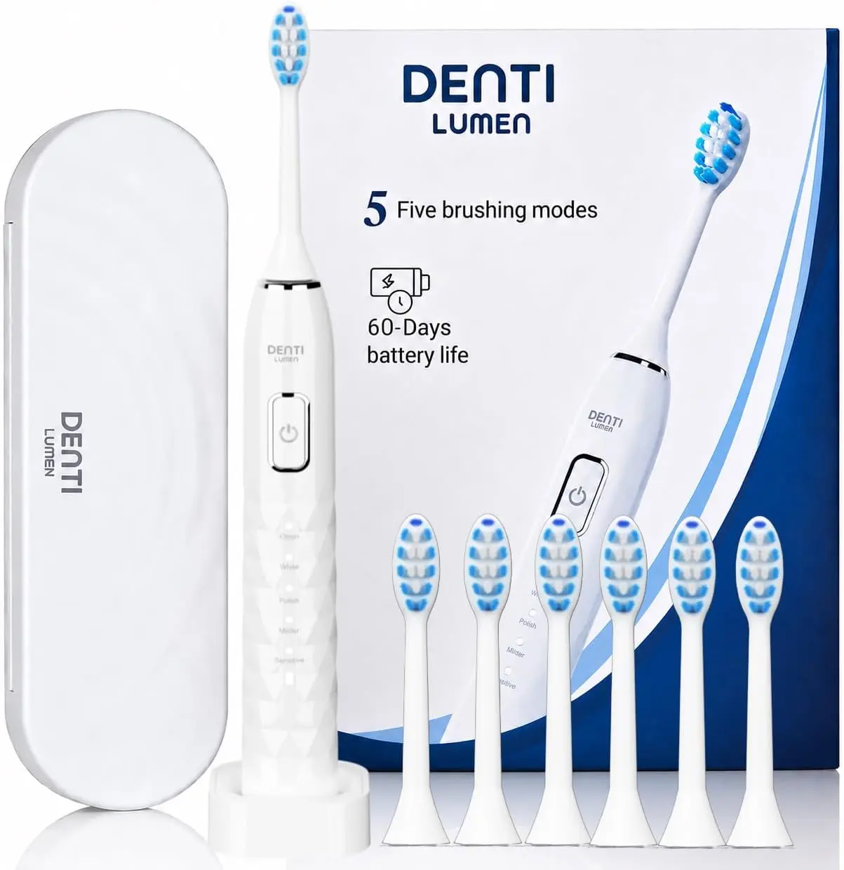 White Adult Sonic Electric Oral Toothbrush Kit - 38000 VPM, 5 Brushing Modes, IPX7 Waterproof, 60-Day Battery, Fast Wireless Charging, 6 Replacement Heads, Travel Case, 2-Min Smart Timer, Sensitive Teeth Compatible