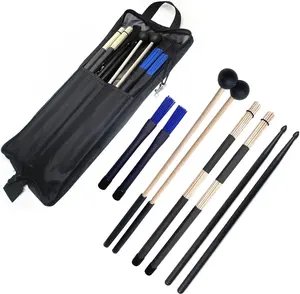 Drum Stick Bag Portable Drumstick Storage Handbag with Drumsticks Drum Brushes Stick Set 4Pair Percussion Instrument Accessories for Jazz Acoustic Drummer Practice, Rock Band, Students Black