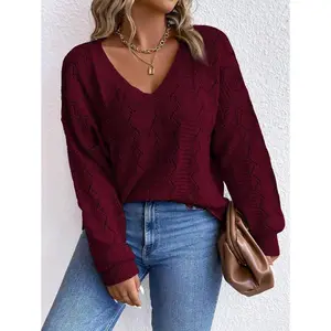 Plus Size Women Solid Color Hollow-Out V-Neck Long Sleeve Basic Pullover Sweater, Burgundy, Suitable For Commuting In Autumn/Winter Knit Pullover Fall Outfit