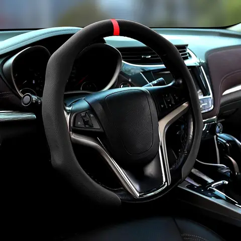 15-Inch Nappa Leather Sport Car Steering Wheel Cover, Non-Slip Comfortable Automotive Interior Decoration, Hand Protection, Driving Safety, Easy Installation, Universal for Most Vehicles & Most Cars (Black)