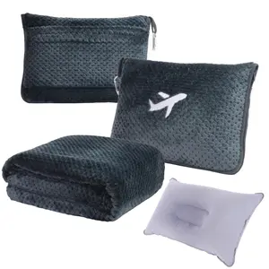 3 in 1 Travel Blanket Pillow Set - 350/280 GSM Thick Travel Blanket Airplane Compact with Bag, Soft Bag with a Pocket, Inflatable Travel Pillow for Camping & Car Trip