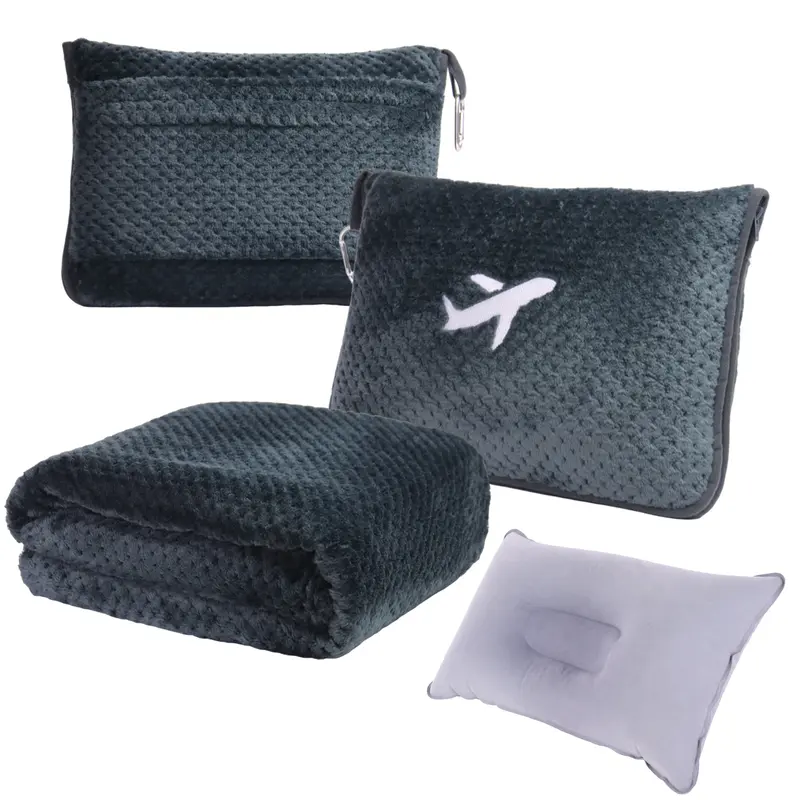 3 in 1 Travel Blanket Pillow Set - 350/280 GSM Thick Travel Blanket Airplane Compact with Bag, Soft Bag with a Pocket, Inflatable Travel Pillow for Camping & Car Trip