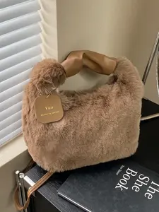 Soft Plush Hobo Bag with Faux Fur Details, Fashionable Crossbody Shoulder Bag for Women, Perfect for Fall & Winter Work Commute