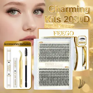 FEEGO 20-30D Pre-fanned Volume Lashes W-shaped Eyelash Long Lasting Blooming Lashes Professional Makeup Individual Lash Cluster Black Grafting Fake False Eyelashes Lash Clsuter Wispy Eyelash kit