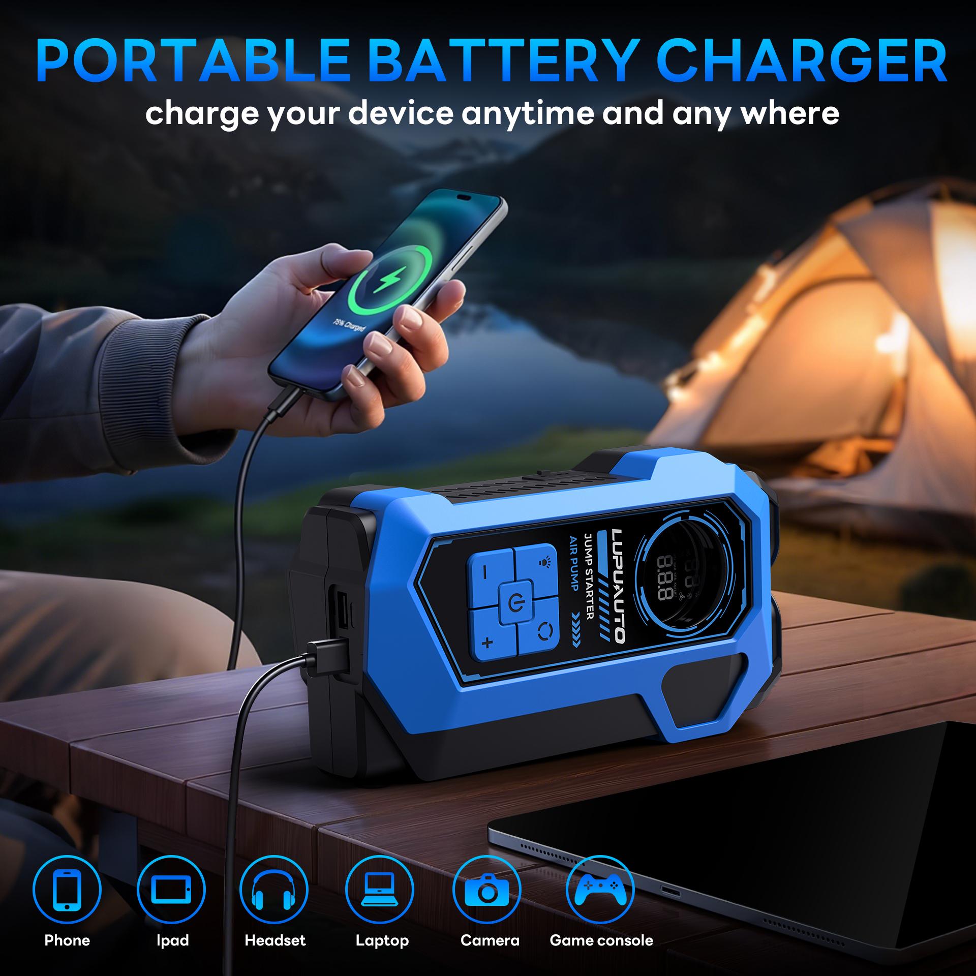 LUPU AUTO multifunctional portable tire inflator, 4 preset modes, automatic stop, LED display, intelligent safety indicator, fast charging for phones and tablets, suitable for car tires, bicycles, and swimming rings