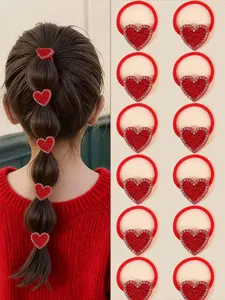 12PCS Valentine's Day Hair Band For Girls Heart Hair Tie,Rhinestone Elastic Hairpin,Cute Heart Hair Elastic For Kids Hair Accesories , Valentine's Day Hair Accessories For Girls, Children