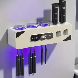 Renter Friendly Smart Toothbrush Holder Wall Mount UV Sanitizer Hot Air Dryer Cordless Display Organizer With 3 Cups Toothpaste Dispenser For Aesthetic Bathroom Restock