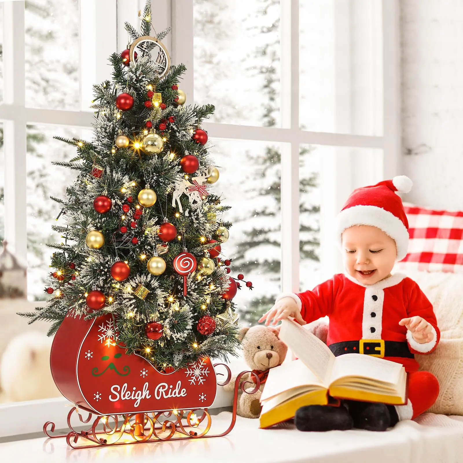 3FT Tall Pre-Lit Lifelike PVC Fiber Tabletop Christmas Tree, 78 LED Lights, 8 Modes, Red Berries, Bobsleigh Base, 1PC Fairy Metal Ornaments Set for Indoor Holiday DIY Decoration, Light