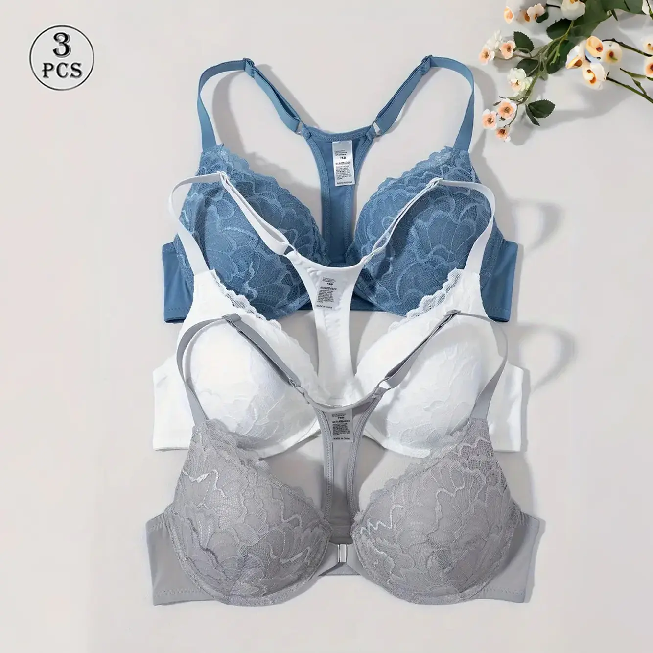 【3-Pack】 Front-Clasp Lace Bra | Ultimate Date Night Essential with Deep V Lift & Support, Alluring Back Design