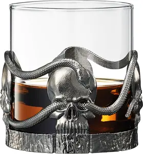 Skull & Snake Pewter Whiskey, Wine, Beer & Water Drinking Glass -12.5oz Set of 2- Water, Rum, Brandy & Scotch Glass, Elegant, Spooky Crystal Cup, Gifts for Men & Women, Old Fashioned Glass
