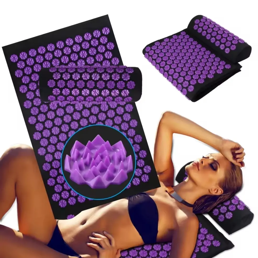 Acupressure Mat and Pillow Set for Stress & Mood Yoga - Spiked Mat for Back and Neck Pain Relief, Solid Design