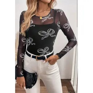 Black Round Neck Bow Print Long Sleeve Mesh Top