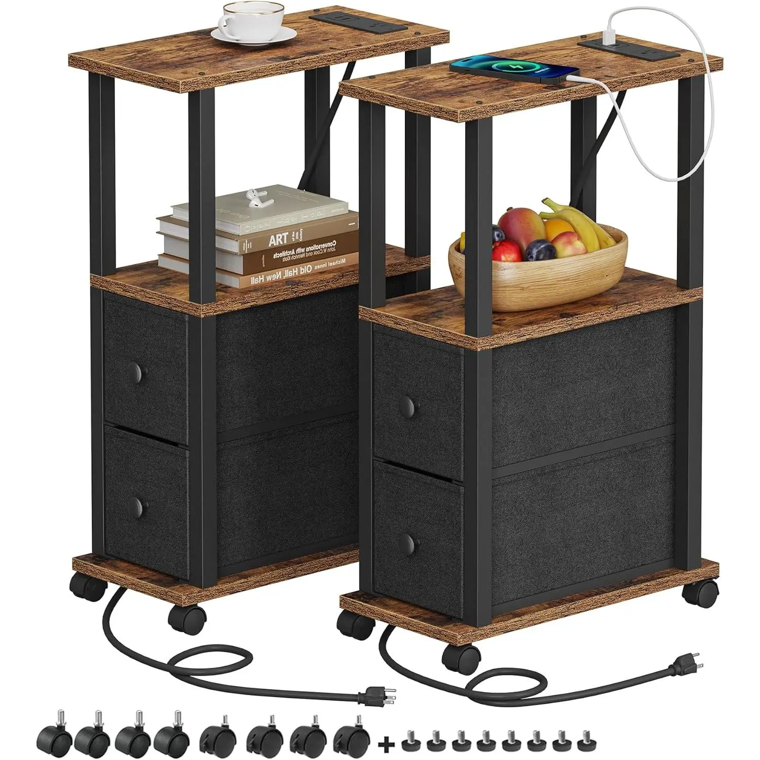 Small Narrow End Tables, Side Tables with 2 Fabric Drawers, Set of 2, Bedside Tables with  Station for Small Spaces, Slim Nightstands with USB Ports and Wheels, TB01BB053