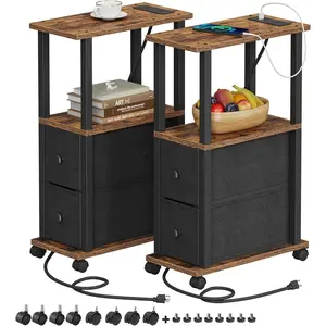 Small Narrow End Tables, Side Tables with 2 Fabric Drawers, Set of 2, Bedside Tables with  Station for Small Spaces, Slim Nightstands with USB Ports and Wheels, TB01BB053