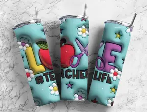 Teacher Life 20oz Insulated Tumbler with Lid, Featuring "LOVE" & "TEACH" Designs, Ideal for Coffee and Drinkware