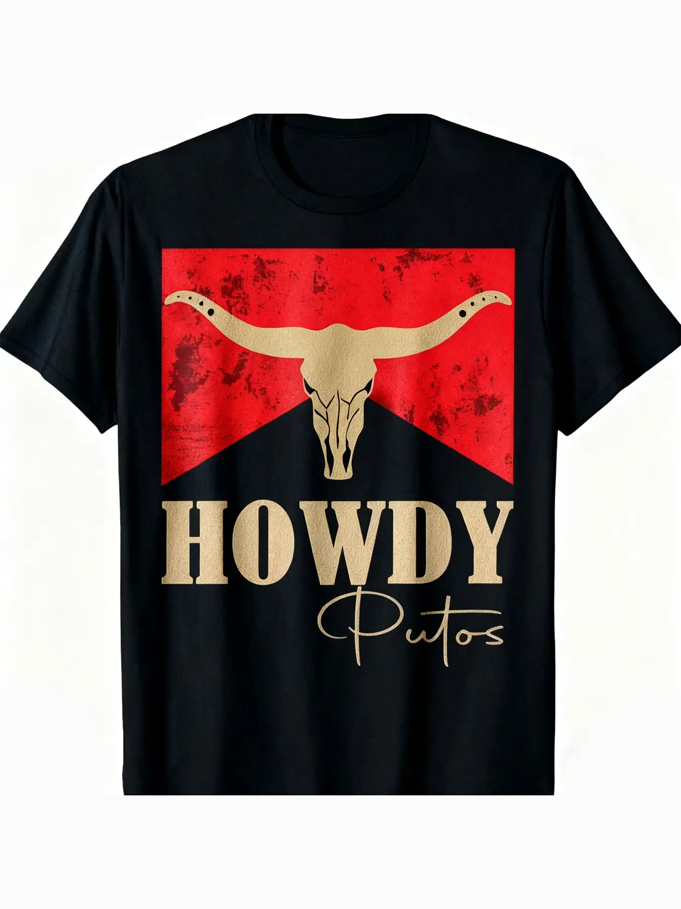 Men's Vintage Western Bull Head Letter Print Short-Sleeve Basic T-Shirt - Foldable Cuff Sleeve, Casual Round Neck Fitted Top for Spring Summer, Country Concerts Daily Wear, None