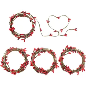 Red Pip Berry Garland Artificial Red Berry Wreath Holly Berries Stamens Candle Rings for Christmas Ornament Floral Craft Decoration