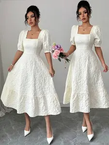 Women's Solid Color Daisy Jacquard Fabric Ruched Waist Elegant Daily & Holiday Puff Sleeve Dress