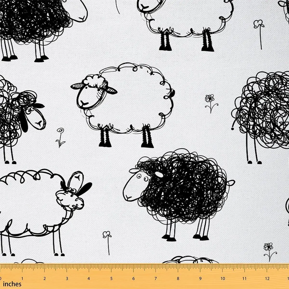 Cute Sheep Outdoor Fabric,Black White Goat Farmhouse Style Fabric Craft Lover,Hippie Graffiti Geometric Lines Soft Flannel Polyester No Stretch Fabric Sewing