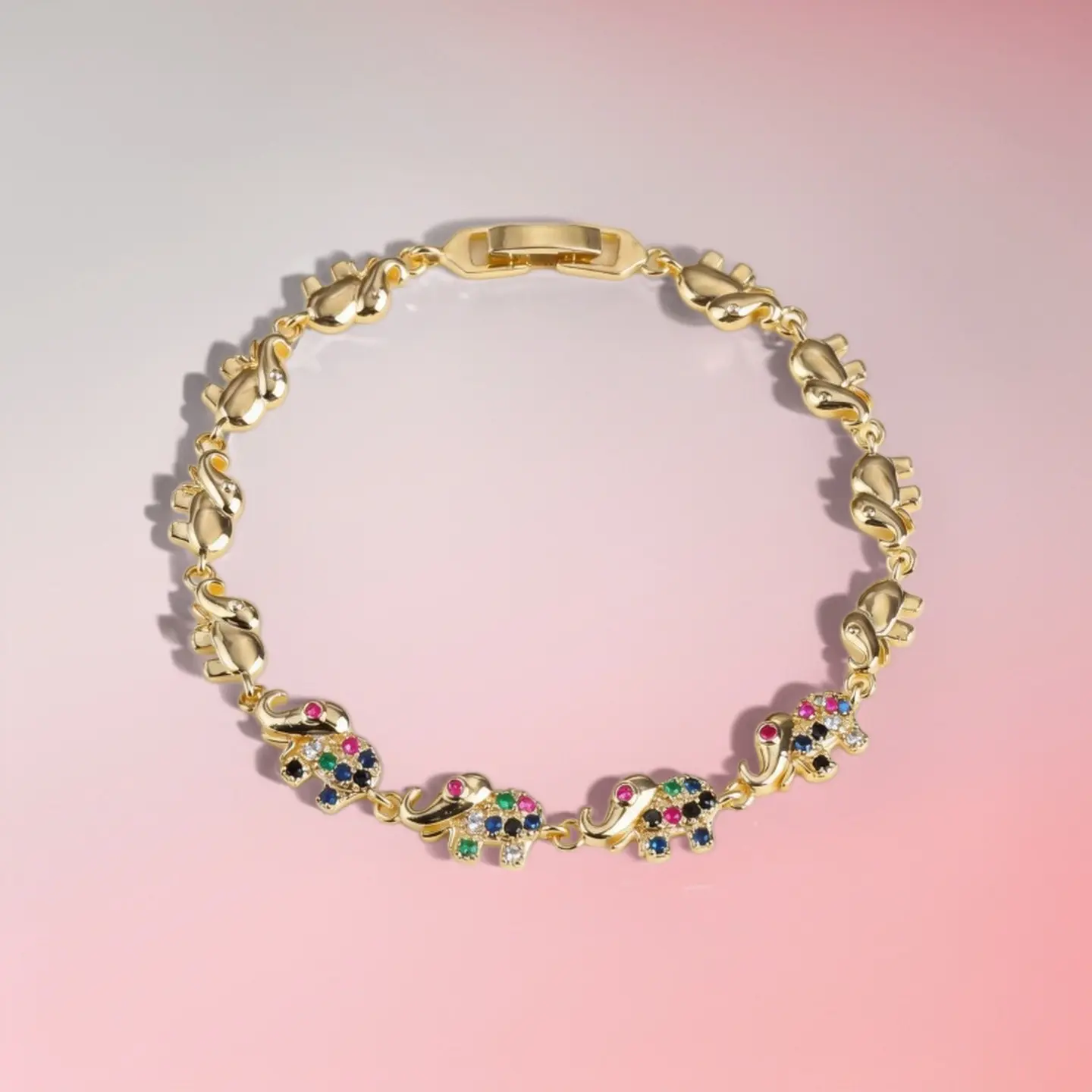 Women's Elephant  Bracelet - 14K Gold Plated Golden-Plated Adjustable Chain with Red Synthetic Accents, Sparkling Embellishments & Heart-Shaped Charms, Mothers Day Birthday Anniversary Jewelry Gift, Elephant Jewelry, Whimsical Charm