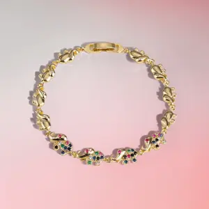 Women's Elephant  Bracelet - 14K Gold Plated Golden-Plated Adjustable Chain with Red Synthetic Accents, Sparkling Embellishments & Heart-Shaped Charms, Mothers Day Birthday Anniversary Jewelry Gift, Elephant Jewelry, Whimsical Charm
