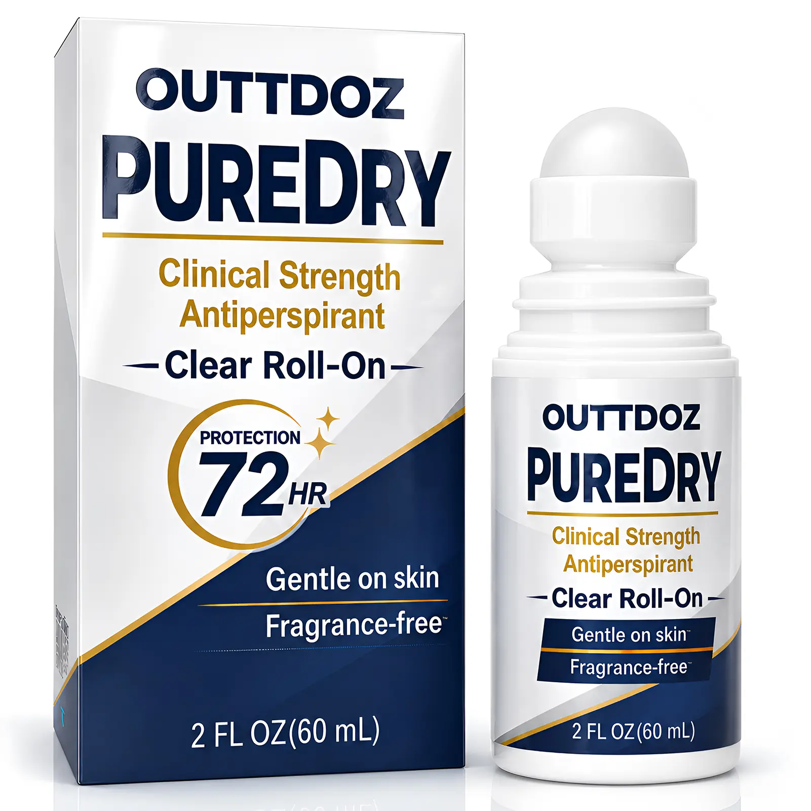 OUTTDOZ PURE DRY Antiperspirant Roll-On for Active Days, Unscented, 2 Fl Oz, Clinical Strength · 72-Hour Sweat & Odor Protection · Alcohol-Free · Clear Nighttime Formula