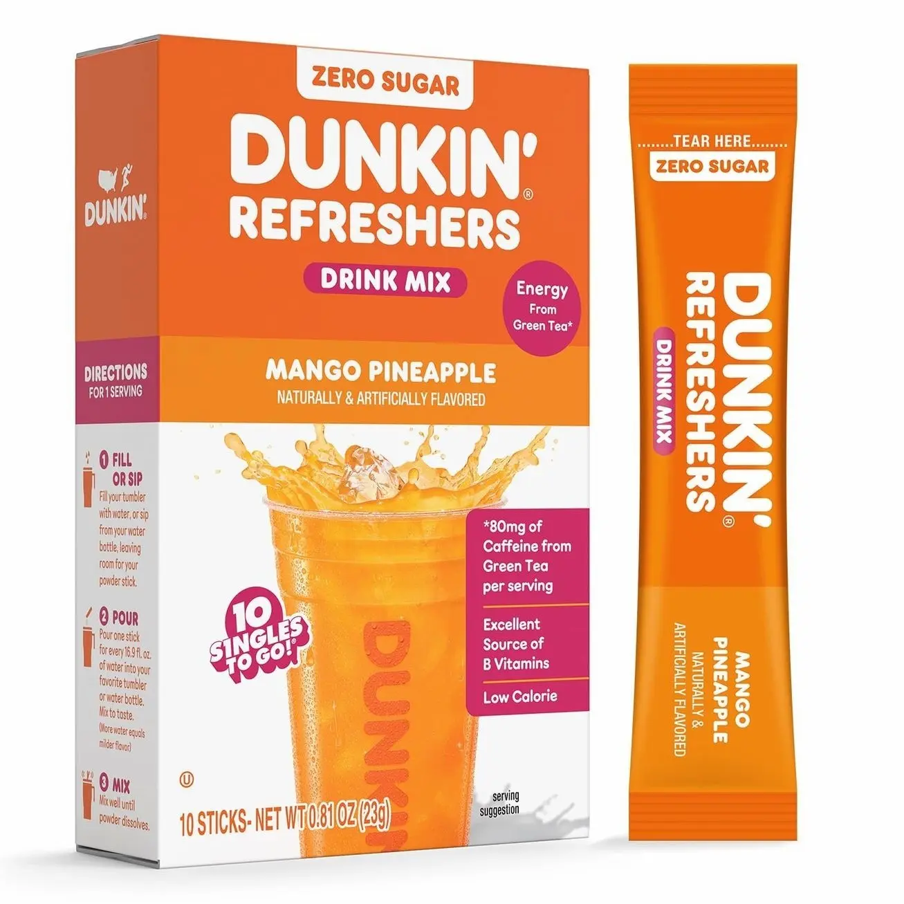Dunkin’ Refreshers Singles To Go! Powdered drink mix packets, Mango Pineapple,10 packets per box Energy from Green Tea, aspartame-free, no synthetic colors, naturally and artificially flavored, just add water