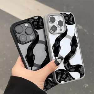 JIACC Black Snake Pattern Magsafe Shockproof Phone Case for iPhone 17 Pro Max 16 15 14 13 12 11 Pro Plus XSMax XR & Samsung S25-S22，Transparent Acrylic Wireless Charging Fingerprint-Resistant