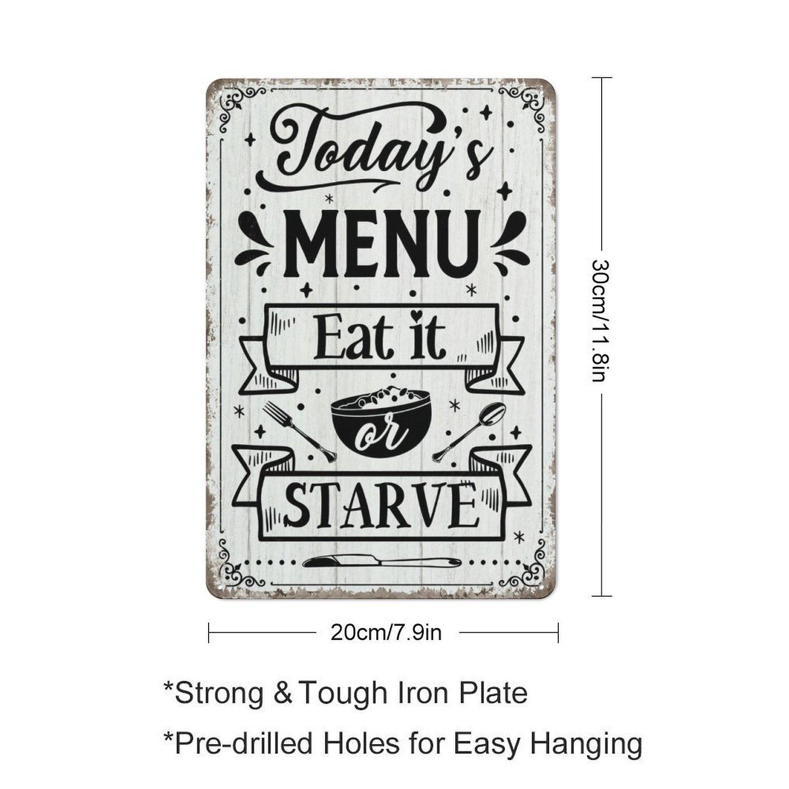 Vintage 'Today's Menu Eat It or Starve' Metal Tin Sign - Perfect for Kitchen, Dining Room & Farmhouse Decor, Wall Hanging, English, Holiday Gift Idea,Wall Art Decor,Home Decor