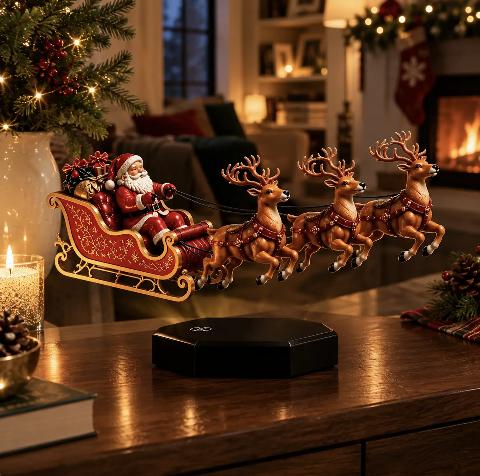Floating Santa Sleigh, Magnetic Levitation Santa's Flying Sleigh, Christmas Display with Built-In Warm LED Lighting