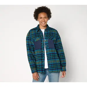 Peace Love World Plaid Button-Front Long Sleeve Shacket