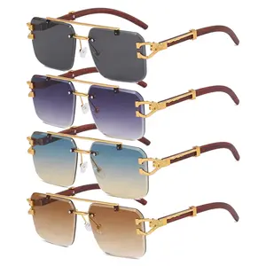 1/2/4PCS Vintage Rimless Sunglasses for Men Luxury Gold Frame Wood Temple Gradient UV400 Eyewear with Silicone Nose Pads, Fashionable Accessories