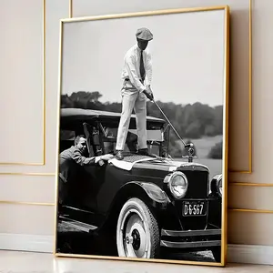 Vintage Golf Sports Car Art Print - Black and White Retro Wall Decor, Classic Ink Poster