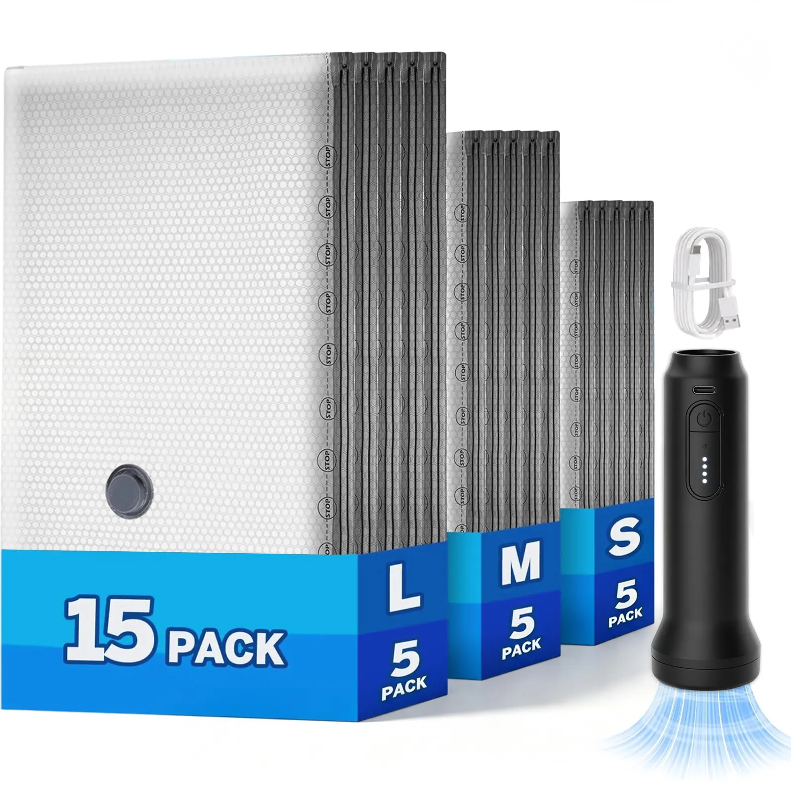 Clear Visible Grid Vacuum Compression Bags Three Size Combo Portable Electric Air Extraction Tool Separate Air Valve Home Closet Outdoor Travel Storage Pouches